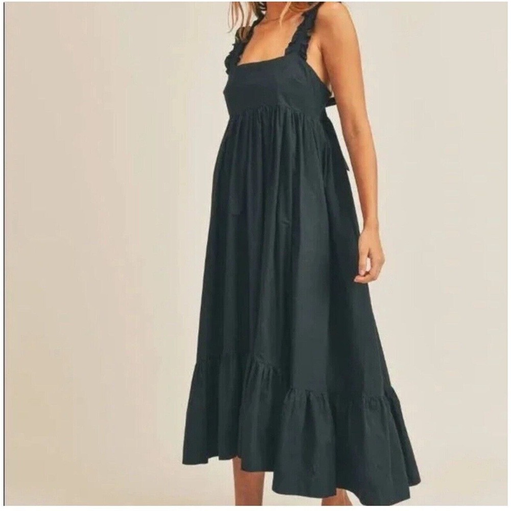 Mable Womens Sz S Small Ruffle‎ Tiered Maxi Dress Cottagecore Boho Black Buttons